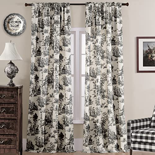 Klassische, moderne Vorhänge, 274 cm lang für Wohnzimmer, 2 Paneele, elegantes Bauernhaus-Toile, florales Design, gemusterter Druck auf cremefarbenem Leinen, schwarz und weiß, 132x274 cm Länge