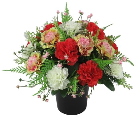 Artificial/Silk Flower Grave Arrangement in Grave Pot with Carnations in Red, Fuchsia and Ivory