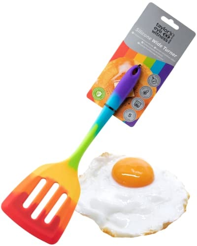 Taylors Eye Witness Rainbow Extra Wide Silicone Slotted Spatula - Dishwasher Safe. Great for Non-Stick Frying Pans. Liquid Drainage Slots. Odour, Stain & Heat Resistant (260°C/500°F). 5 Yr Guarantee