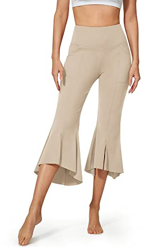 G4Free Yoga Hosen Damen mit Taschen Caprihose Hohe Taille Bootleg Strecken Leggings Schlaghose Rüschen-Schlagboden Sporthose Flare Hose Jazzpants