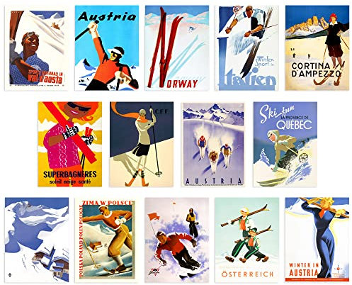 Artery8 Collection of Vintage Winter Skiing Ski Adverts Set of 14 Unframed Wall Art Prints Bathroom Bedroom Aesthetic Austria Italy France Norway A4
