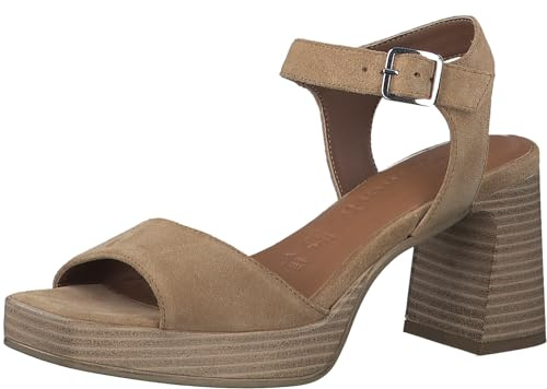 Tamaris Damen Sandalen mit Absatz Leder Blockabsatz Sommer; TAN SUEDE/braun; 36 EU