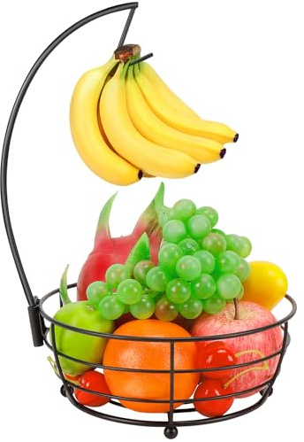 Livabber Arbeitsplatte Obstkorb Schüssel mit Bananenaufhänger, moderne stehende Obst-Gemüseschale Aufbewahrung, mit Bananenbaumhalter für Küche Esstisch (rundes Metall, schwarz)