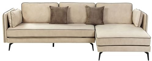 3-Sitzer Ecksofa Samt beige linksseitig mit schwarzen Metallfüßen Kissen Altan