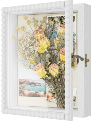 Love-KANKEI Bilderrahmen zum befüllen 20x25cm, 3D Bilderrahmen tiefer 3.6cm, Objektrahmen Holz, 3D Rahmen mit Vintage-Verschluss und Holzperlen für Tickets Fotos Geschenk, Weiß