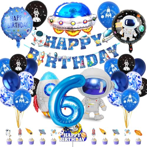 Weltraum Kindergeburtstag Deko, Geburtstagsdeko 6 Jahre Junge, Weltall Deko Geburtstag 6, Astronaut Folienballon, Luftballon Rakete, Tortendeko Weltraum für 6 Jahre Kinder Geburtstag Party