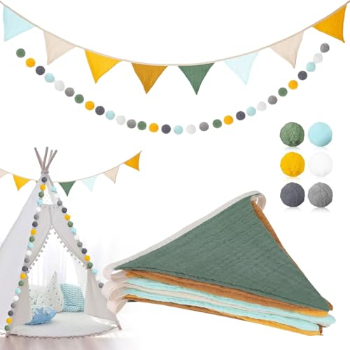 2 Stück Wimpelkette Wimpelkette Kinderzimmer Wimpelkette Stoff Wimpelkette Outdoor Girlande Kinderzimmer Wimpel Girlande Outdoor Filzkugeln Babyzimmer Dekoration Hausbett Deko Mädchen & Jungen