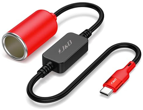 J&D Cavo Convertitore da USB C Maschio a Presa Accendisigari Auto 12V, Cavo di Alimentazione 12V 18W per Dash Cam, GPS, Strisce LED per Auto, Rosso, 30 cm