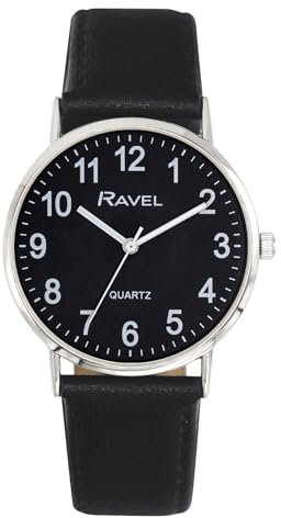 Ravel - Unisex Classic Alltagsuhr mit modernen Zahlen - Analoges Quarzwerk - R0129.23.1 - Schwarz/Silberton/Schwarzes Zifferblatt mit Zahlen