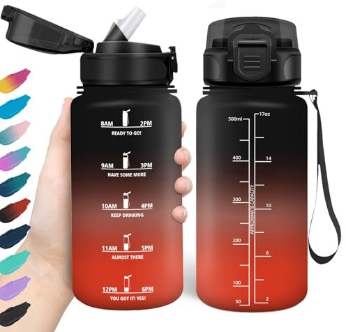 HoneyHolly Trinkflasche 500ml, Auslaufsicher, Wasserflasche BPA-Frei, Motivierende mit Zeitmarkierung, Trinkflasche mit Strohhalm, Trinkflasche Sport für Kinder, Fahrrad, Fitness, Schule, Büro