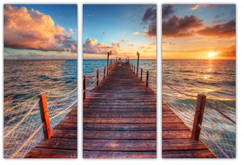 AREDE 3er Set Wandkunst Gemälde Bild Poster Sonnenaufgang am Pier | 90 x 60 cm | Wandbilder Wanddekoration Home Office Wohnzimmer Schlafzimmer Dekoration | Fertig zum Aufhängen
