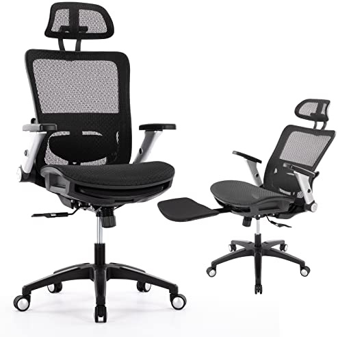 COLAMY Ergonomic Mesh Office Chair with Footrest, High Back Computer Chair with Lumbar Support, 4D Flip-up Armrests, Adjustable Headrest, Tilt Lock, Desk Chair for Home Office, Black