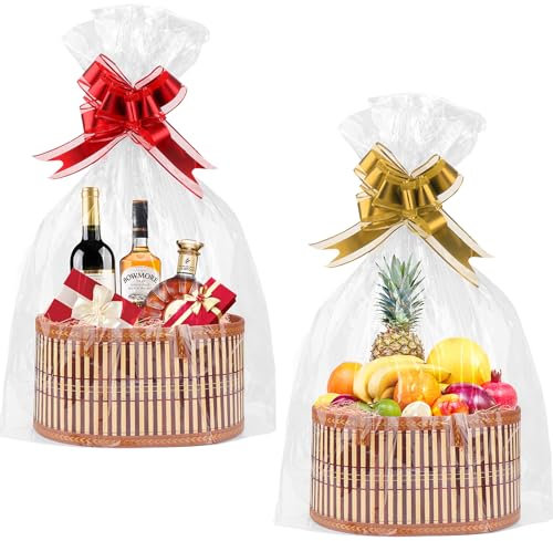 SelfTek Hamper Basket, 2 Set Hamper Baskets for Gifts Empty, Woven Bamboo Gift Basket Kit with Wrap Bags, Raffia and Pull Bows, Baskets to Make Hampers for Baby Shower, Birthday, 30 x 20 x 15 cm