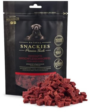 SNACKIES Herzhafte Hirschfleischwürfel 170g Premium Snacks für Hunde, ohne Zusatz von Getreide, Zucker, Farb-, Aroma- und Konservierungsstoffe, schonend luftgetrocknete Leckerli