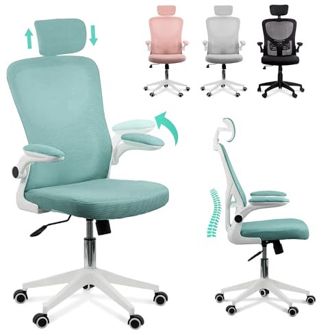 Silla Escritorio Ergonómica - Silla Oficina Ajustable y Reclinable con Soporte Lumbar, Reposacabezas Ajustable, Reposabrazos Plegables, Malla Transpirable, Ruedas Giratorias 360°, Soporta 120 kg