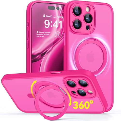 CANSHN Magnetic for iPhone 15 Pro Case (6.1) with 360° Spin Stand, Upgraded [Full Camera Protection] [Compatible with Magsafe] [Translucent Matte] Shockproof Protective Phone Cover, Hot Pink