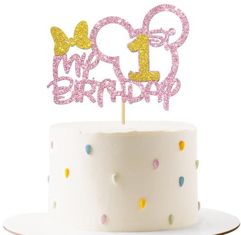 My 1st Birthday Cake Topper - Gender Reveal Party Cake Supplies - Baby Shower - Bow 1st Birthday Party Decoration - Pink Glitter