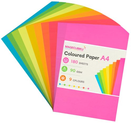 Magecubiku A4 Farbiges Druckerpapier, 180 Blatt 90gsm Kopierpapier | 9 leuchtende Farben, Laser‑ & Tintenstrahl‑kompatibel für Schule, Basteln & Büro (21 x 29,7 cm)