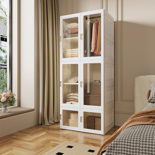 BLSYHDH Armoire Penderie Chambre,penderie Moderne Garde-Robe Placard Chambre avec 6 Porte et 10 Compartiment 1 Tige de Suspension Penderie et Rangement pour Vestiaire (Porte Transparente)