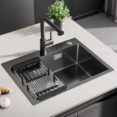 Sofetiy Fregadero de cocina de 60 x 45 cm, color negro antracita, moderno de acero inoxidable, para empotrar en armario bajo a partir de 60 cm