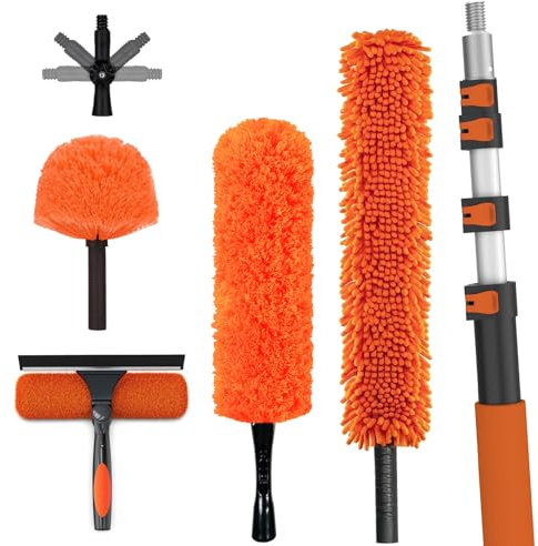 LAANPOLE 3,6M Staubwedel Teleskop Waschbar, Spinnwebenbesen mit Teleskopstiel, Fensterabzieher zum Reinigen von Decken, Lücken, Deckenventilatoren