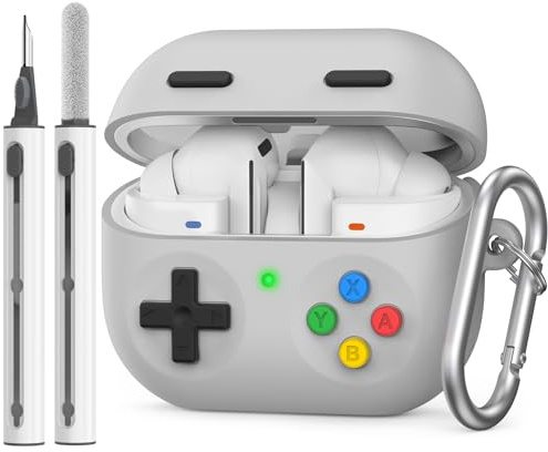 Delidigi Retro Game Case for Samsung Galaxy Buds3 FE (2025)/Buds 3 Pro and Buds 3 (2024) – Silicone Protective Cover with Cleaner Kit&Carabiner, Wireless Charging Support, Grey