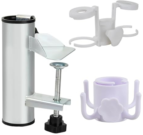 FESSOSKO Porta Ombrellone per Esterno, Porta Ombrellone Regolabile, Porta Ombrellone da Balcone in Metallo, con Portabicchieri e Ganci, Adatto per Ringhiere, Panchine e Tavoli