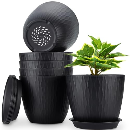 NONMON 20cm Plastic Plant Pots Indoor, 6 Pack Plastic Planters with Drainage Holes and Saucer, Modern Decorative Stripe Grooves Flower Pots for Indoor Outdoor Houseplants, Black