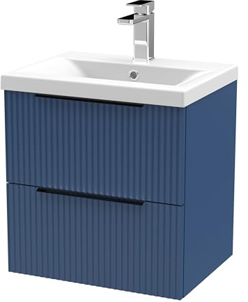 Balterley Vanity Unit with Basin Wall Hung, 2 Drawer Soft Close with Mid Edge Sink and Handles, Bathroom Vanity Units with Basin, Fluted Front Sink Cabinet - 510 x 390 x 540mm (Blue)