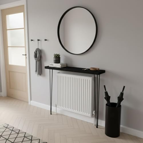 IANPAV Rustic Handmade Console Table, Wall Mounted, 150cm x 17.5cm, Black Ash, 101.5cm legs, Handcrafted Vintage Style