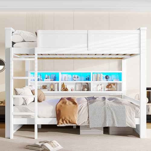 TOBIDOEN Etagenbett 160x200 cm mit Leiter, Unteres Bett mit Funktionalem Staufächer, Platzsparendes Design für Jugendliche und Erwachsene, Rausfallschutz und Lattenrost, Kiefernholz+MDF, Weiß