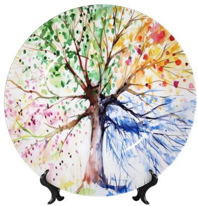 PHAYAH Piatti decorativi in porcellana Bone China con supporto Bellissimo modello di albero quattro stagioni piatto rotondo da esposizione per cucina, sala da pranzo, armadietto del vino, decorazione