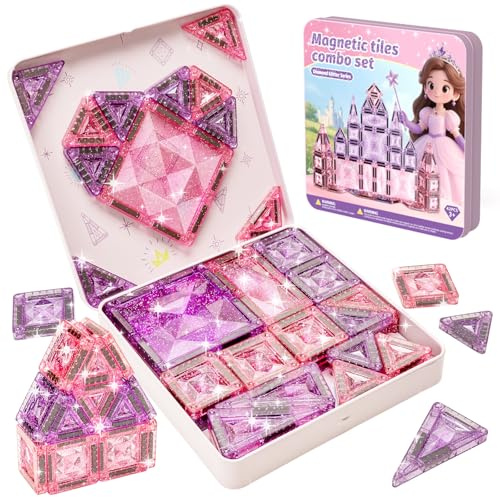 burgkidz Magnetische Bausteine Reiseset: 42 Teile Glitzer für Mädchen | Bietet Mädchen 90 Minuten Beschäftigung – Ideal für Auto & Flugzeug & Zug, Prinzessin Metallbox – Geschenk ab 3-6 Jahre