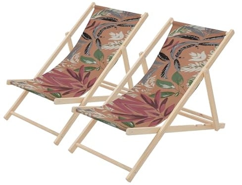 ECD Germany 2er Set Liegestuhl klappbar Floral Braun-Rot-Grün, Strandliege aus Holz, Sonnenliege mit verstellbarer Rückenlehne, Strandstuhl bis 120kg, Gartenliege Relaxliege für Garten Balkon Terrasse
