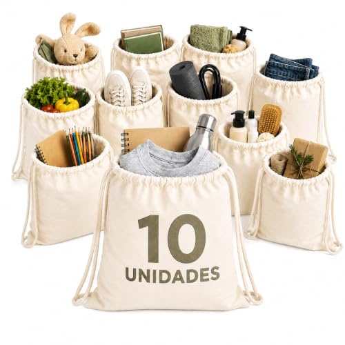 ORATIC Pack 10 Mochila Tela con Cuerdas de 42x34cm y 100% Algodón Natural de 140g/m² | Bolsas de Tela Tote Bag Resistentes para Personalizar, Pintar, Eventos, Gimnasio, Colegio y Uso Diario (Pack 10)
