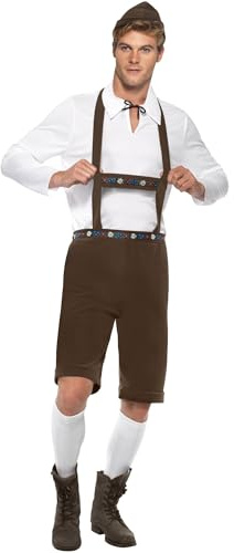 Smiffys Bavarian Man Costume, Brown with Lederhosen Shorts, Braces, Top & Hat, Around The World Fancy Dress, Adult Dress Up Costumes