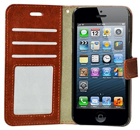 Brown iPhone SE 5 5S Premium Slim Wallet Leather Flip Case Cover With Holder & Screen Protector
