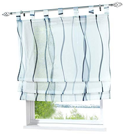 Voile Raffrollo mit Wellen Druck Design Rollos Schlaufen Transparent Vorhang (BxH 140x140cm, grau)