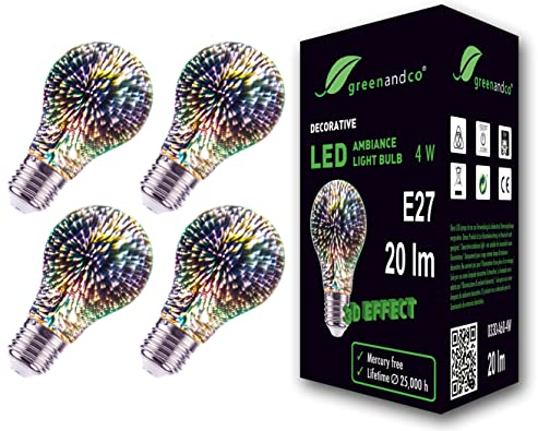 greenandco 4x Designer LED Lampe mit 3D Feuerwerks-Effekt zur dekorativen Stimmungsbeleuchtung E27 A60 Edison Glühbirne 4W 20lm 230V flimmerfrei nicht dimmbar 2 Jahre Garantie