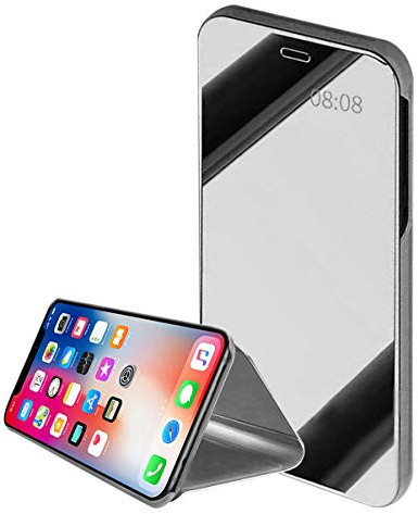 Gadget Giant Smart Case for iPhone XS Max 6.5 Inch Clear View Window Stand Cover with Mirror Flip (Silver)