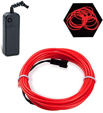 Podazz 5m luces navidad neón EL Wire alambre con paquete de batería de control de modo para el interior del automóvil, Halloween Disfraz de bricolaje Hogar Decoración de lugares al aire libre, Rojo