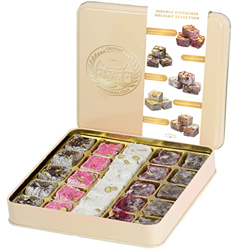 Chateau de Mediterranean Double Roasted Pistachio Turkish Delight - 500 g | Approx 26 Pieces | Luxurious selection of Strawberry, Pomegranate, Coconut & Pasha | Gourmet Lokum Dessert | Gift Box Tin