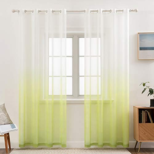 MIULEE Gardinen Transparent Vorhänge Farbverlauf Voile Sheer 2er Set Vorhang mit Ösen Dekoschal Fensterschal für Schlafzimmer und Wohnzimmer 225 cm x 140 cm(H x B) Weiß Grün