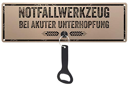 Schilderkönig Metallschild mit Flaschenöffner - Notfallwerkzeug bei akuter Unterhopfung - wetterfestes Blechschild für Garten, Garage, Grillecke, Biergarten oder Küche