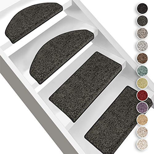 Floordirekt Hochflor-Stufenmatten Bali | Halbrund oder Eckig | Treppenmatten in 11 Farben | Strapazierfähig & pflegeleicht | Stufenteppich für Innen (Anthrazit, Halbrund 65 x 23,5 cm)