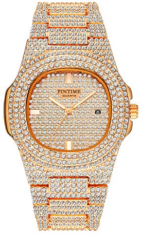 Gosasa Herren/Damen Unisex Kristalluhr Full Bling Iced-Out Kubanische Uhr länglich Silber/Gold Armbanduhr Hip-Hop Edelstahl Armband Uhr, Rotgold, Japanisch