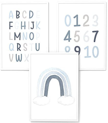 Papierschmiede® Kinderbilder 3er Set Lernposter, A3 gerahmt in Holzrahmen (weiß), Geschenk für Jungen Kinderzimmer Vorschule| Alphabet Buchstaben, ABC Zahlen Regenbogen blau