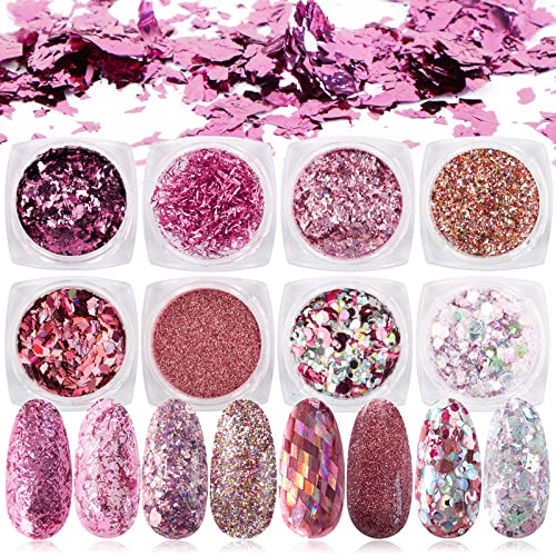 FLOFIA 8 Scatole Glitter Unghie Pailettes Glitterata Unghie Nail Art per Decorazione Nail Art Brillante Unghie Corpo Glitter Glitterata Unghie Rosa