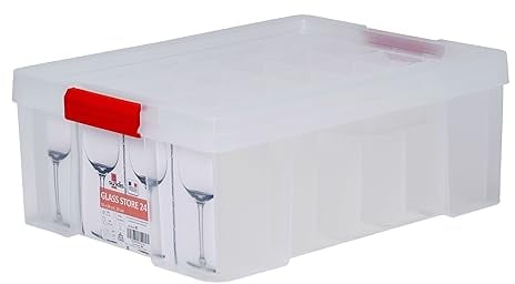 SUNDIS Glass Store, boîte de rangement 27L en plastique transparent pour verres, renforcée avec couvercle clipsable, aptes au contact alimentaire, parois droites, superposable et combinable