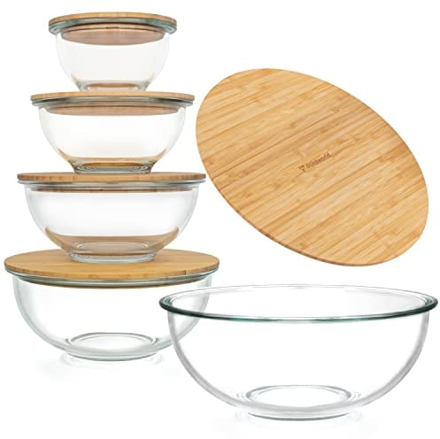 dokaworld Stackable Space-Saving Set of 5 Nesting Glass Bowls with Bamboo Lids for Foodprep, Storage, Baking, Mixing & Cooking, Microwave & Oven Safe BPA Free Heat Resistant Inert Borosilicate Glass